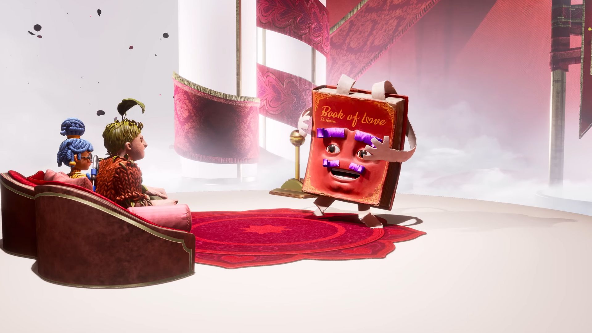 It Takes Two screenshot: stylized 3d, third-person, side-scrolling, top-down, three-quarter, no outlines, realistic lighting (character, cutscene)