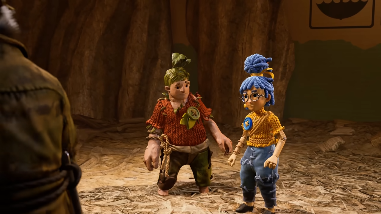 It Takes Two screenshot: stylized 3d, third-person, side-scrolling, top-down, three-quarter, no outlines, realistic lighting (character, cutscene)