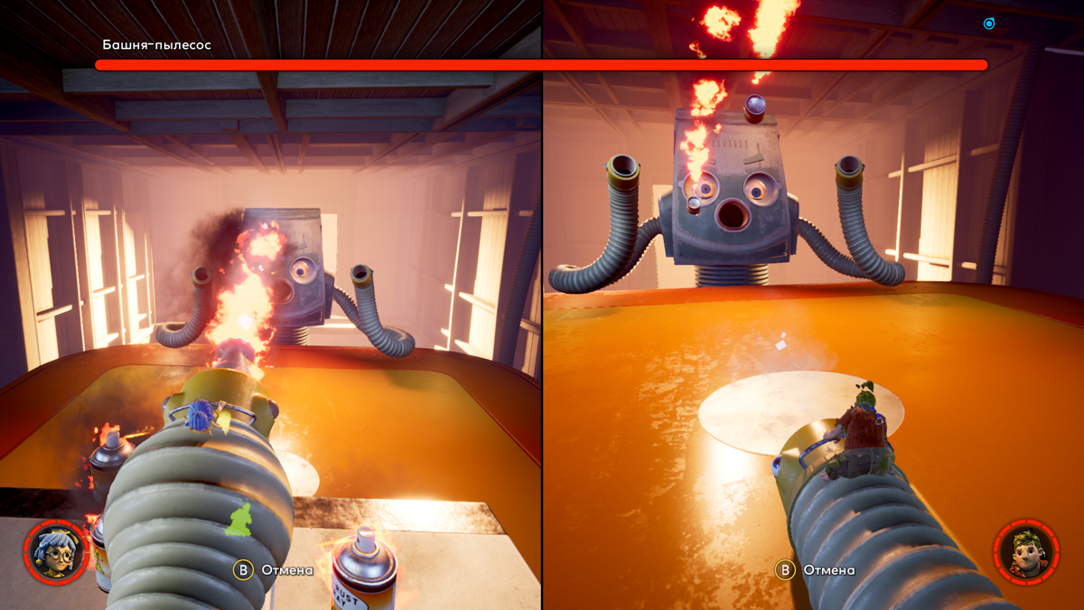 It Takes Two screenshot: stylized 3d, third-person, side-scrolling, top-down, three-quarter, no outlines, realistic lighting (environment, combat)