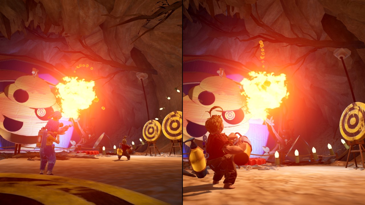 It Takes Two screenshot: stylized 3d, third-person, side-scrolling, top-down, three-quarter, no outlines, realistic lighting (environment, combat)
