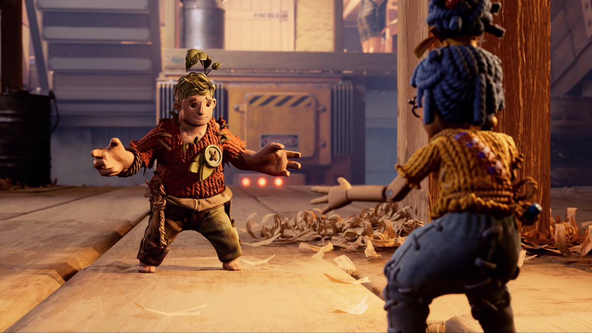 It Takes Two screenshot: stylized 3d, third-person, side-scrolling, top-down, three-quarter, no outlines, realistic lighting (character, cutscene, environment)