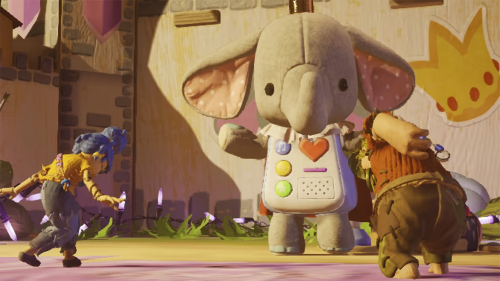It Takes Two screenshot: stylized 3d, third-person, side-scrolling, top-down, three-quarter, no outlines, realistic lighting (character, cutscene, environment)