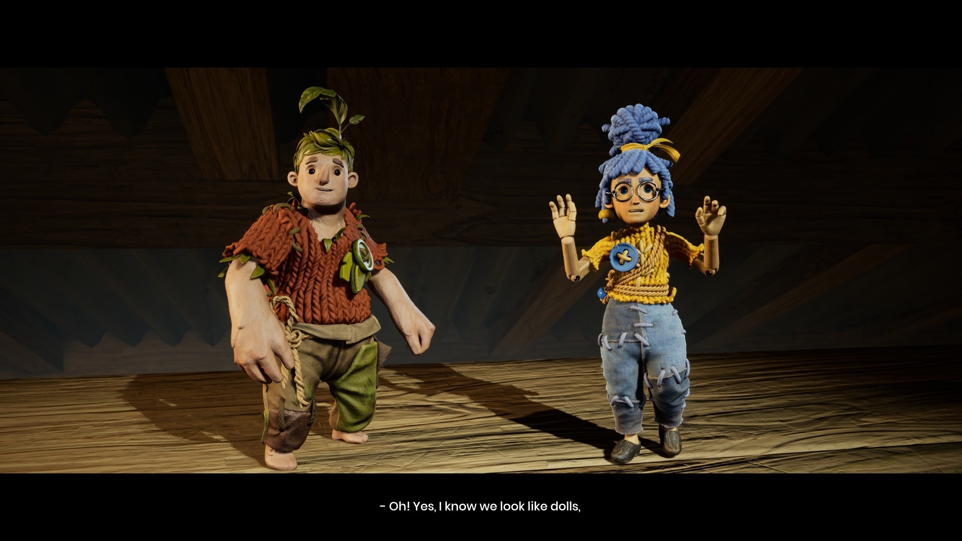 It Takes Two screenshot: stylized 3d, third-person, side-scrolling, top-down, three-quarter, no outlines, realistic lighting (character, cutscene)