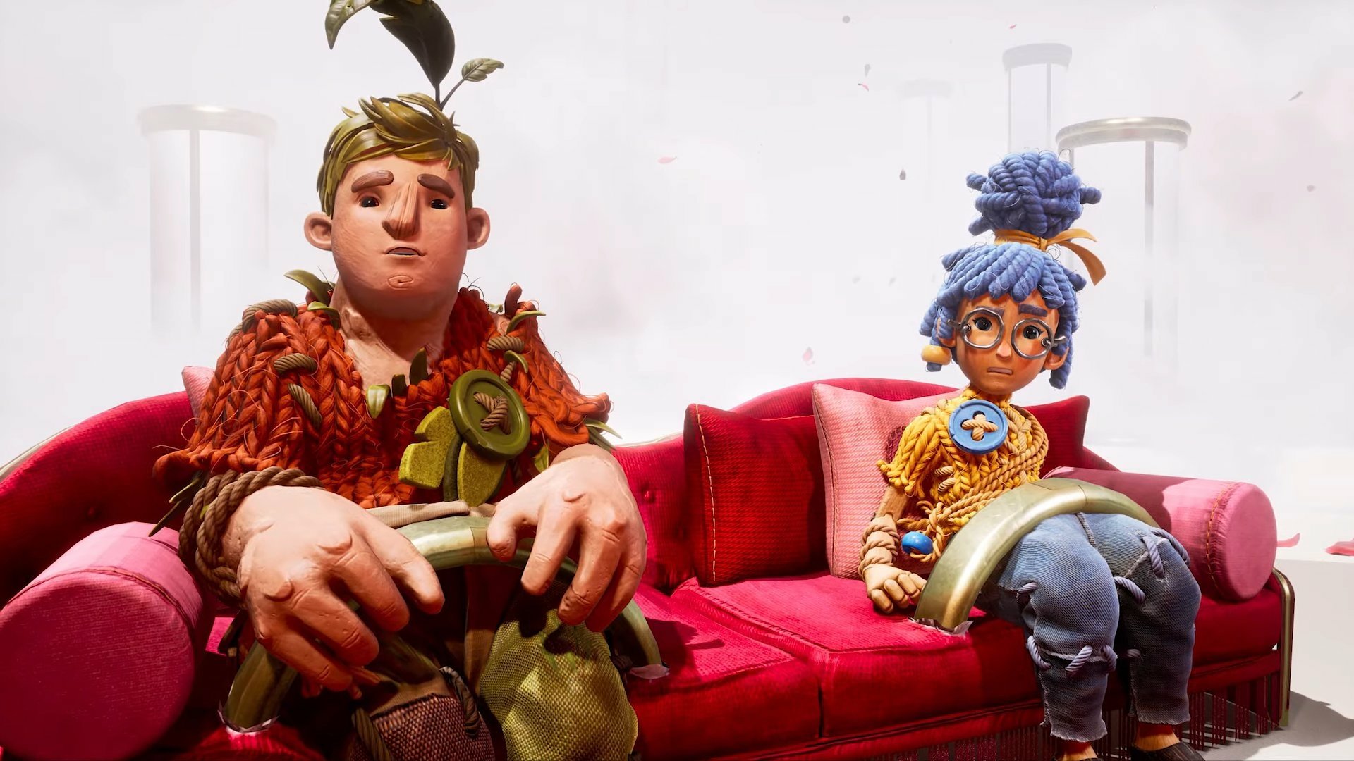 It Takes Two screenshot: stylized 3d, third-person, side-scrolling, top-down, three-quarter, no outlines, realistic lighting (character, cutscene)