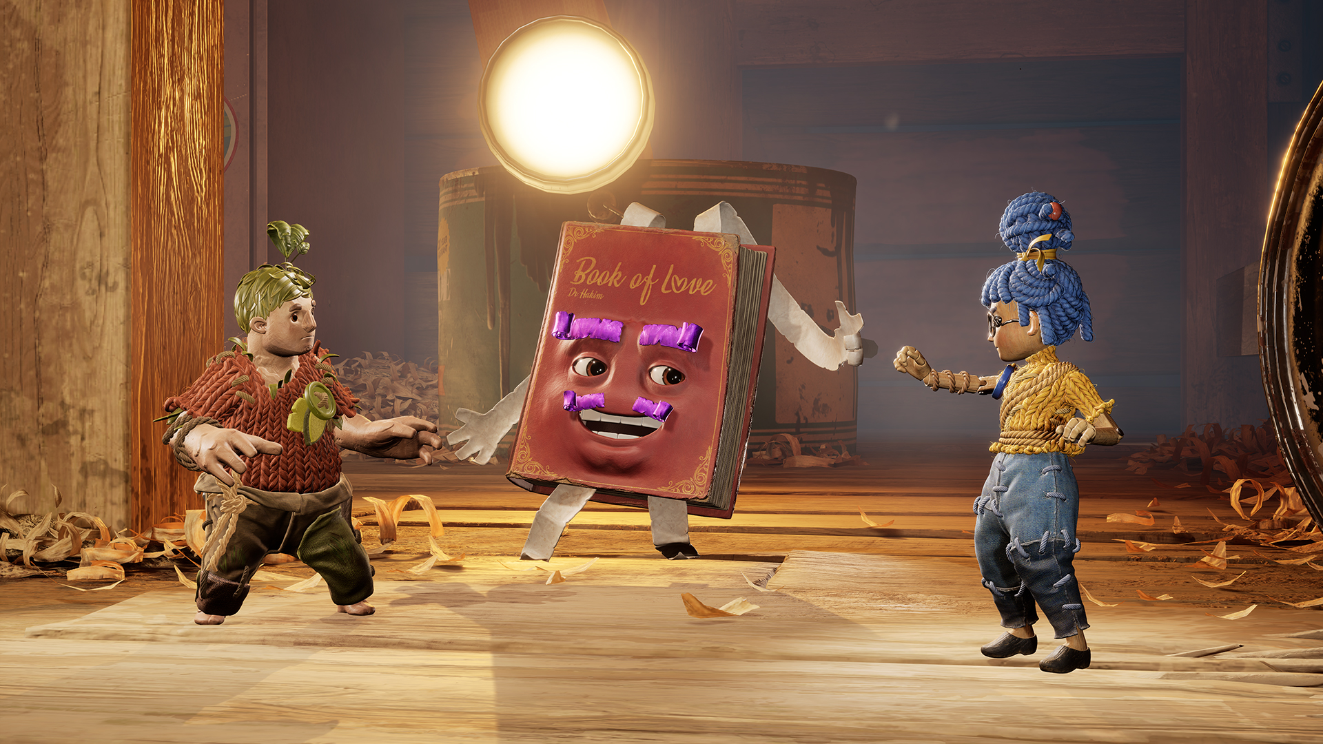 It Takes Two screenshot: stylized 3d, third-person, side-scrolling, top-down, three-quarter, no outlines, realistic lighting (environment, character, cutscene)