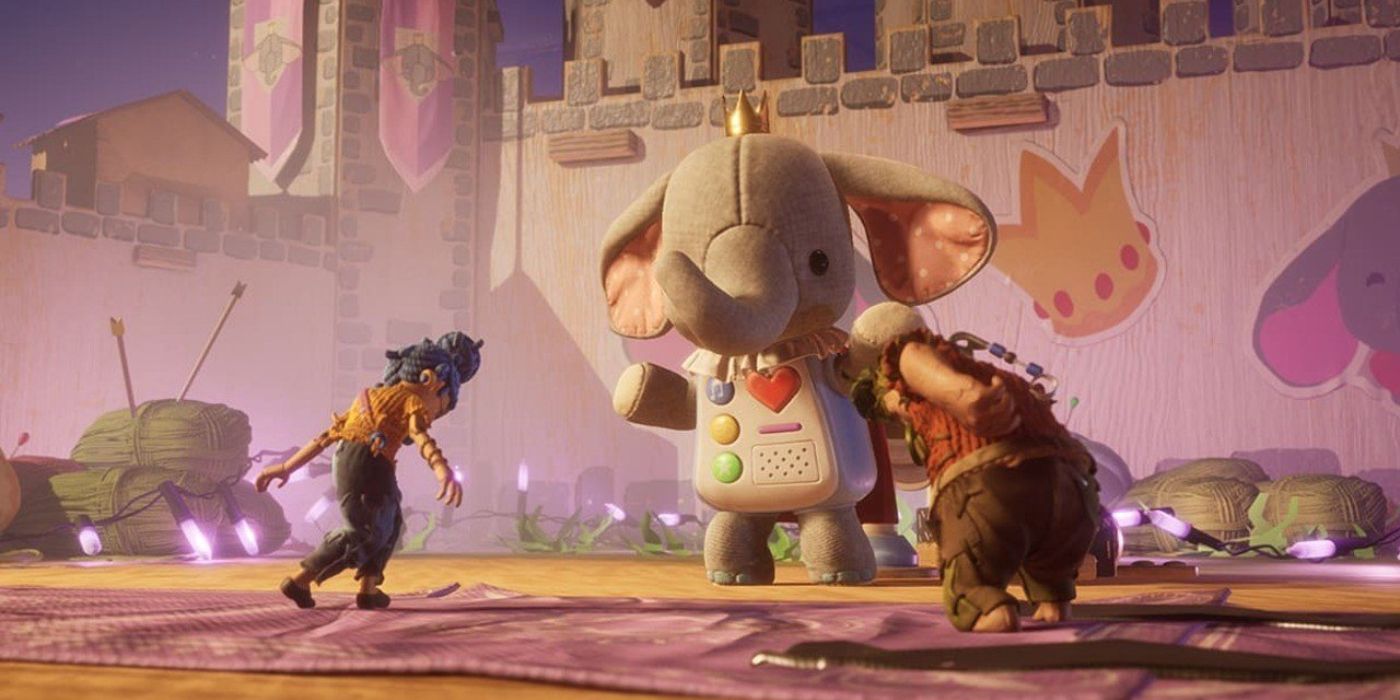 It Takes Two screenshot: stylized 3d, third-person, side-scrolling, top-down, three-quarter, no outlines, realistic lighting (environment, character, cutscene)