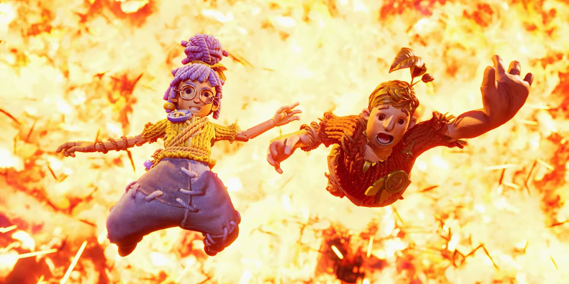 It Takes Two screenshot: stylized 3d, third-person, side-scrolling, top-down, three-quarter, no outlines, realistic lighting (character, cutscene)