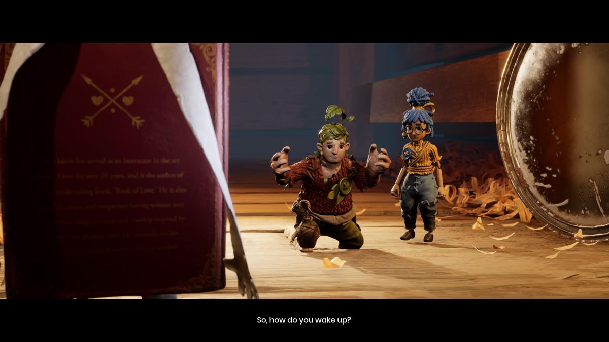 It Takes Two screenshot: stylized 3d, third-person, side-scrolling, top-down, three-quarter, no outlines, realistic lighting (character, cutscene)