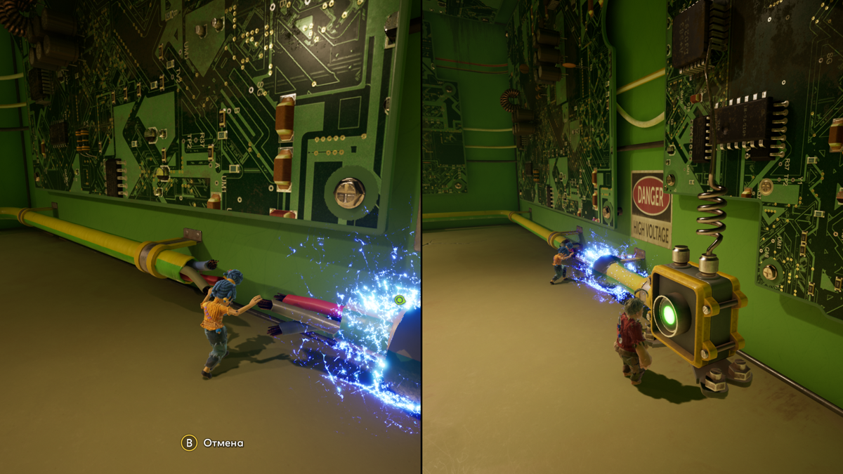 It Takes Two screenshot: stylized 3d, third-person, side-scrolling, top-down, three-quarter, no outlines, realistic lighting (environment)