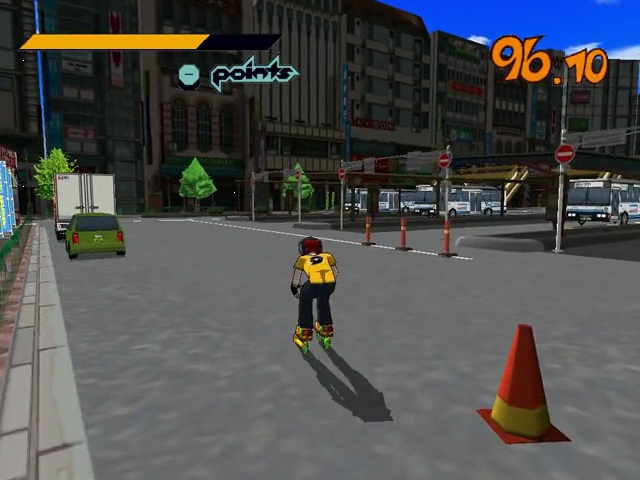 Jet Set Radio screenshot: cel-shaded, third-person, black outlines, two-tone cel (environment, character)