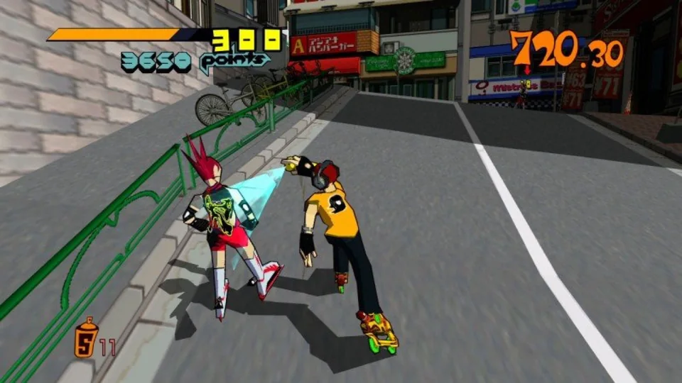 Jet Set Radio screenshot: cel-shaded, third-person, black outlines, two-tone cel (character)