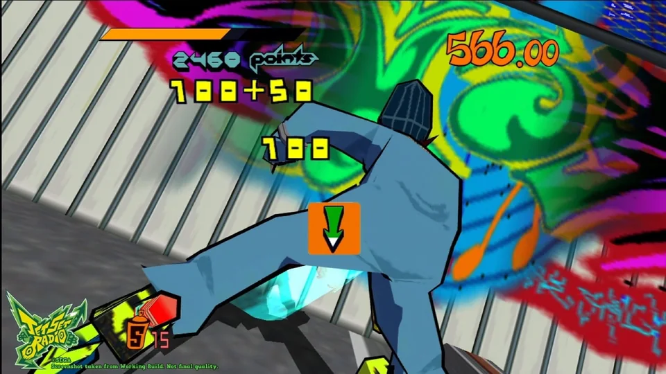 Jet Set Radio screenshot: cel-shaded, third-person, black outlines, two-tone cel (character)