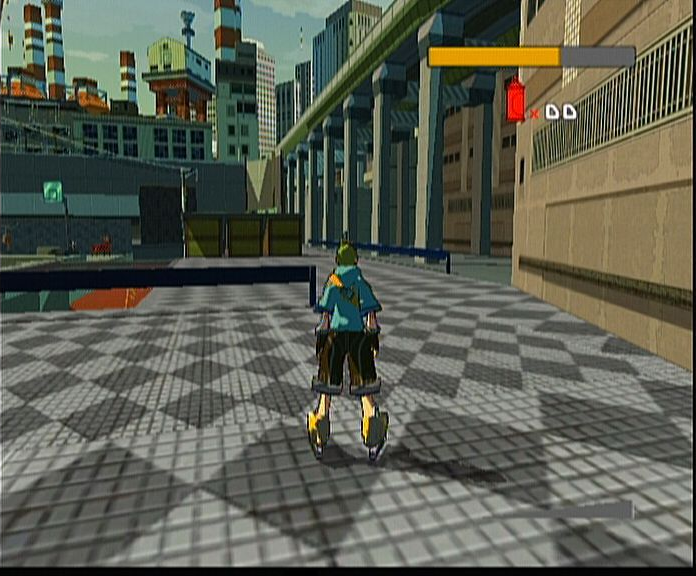 Jet Set Radio Future screenshot: cel-shaded, third-person, black outlines, two-tone cel (environment, character)