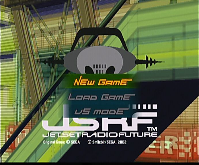 Jet Set Radio Future screenshot: cel-shaded, third-person, black outlines, two-tone cel (ui / menu, environment)