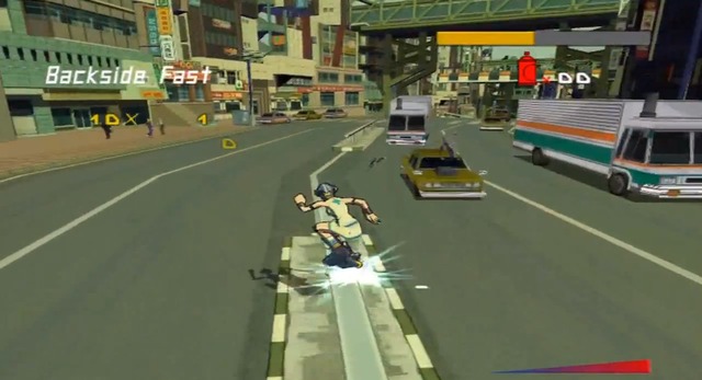 Jet Set Radio Future screenshot: cel-shaded, third-person, black outlines, two-tone cel (environment, character, combat)