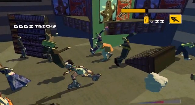 Jet Set Radio Future screenshot: cel-shaded, third-person, black outlines, two-tone cel (environment, character, combat)