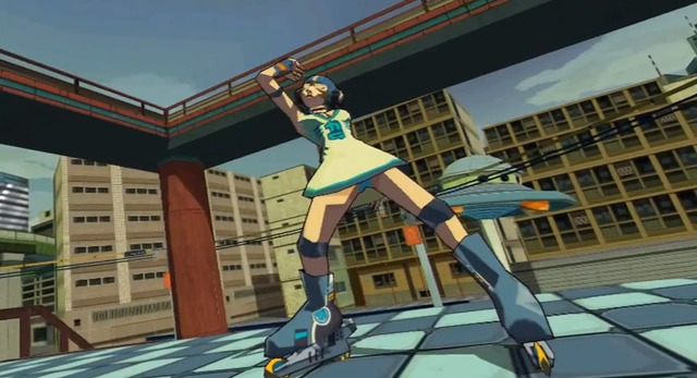 Jet Set Radio Future screenshot: cel-shaded, third-person, black outlines, two-tone cel (environment, character, cutscene)
