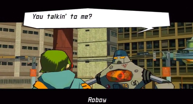 Jet Set Radio Future screenshot: cel-shaded, third-person, black outlines, two-tone cel (environment, character, cutscene)