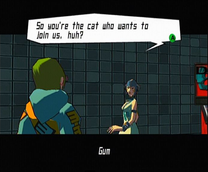 Jet Set Radio Future screenshot: cel-shaded, third-person, black outlines, two-tone cel (character, cutscene)