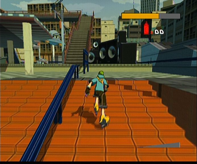 Jet Set Radio Future screenshot: cel-shaded, third-person, black outlines, two-tone cel (environment, character, combat)