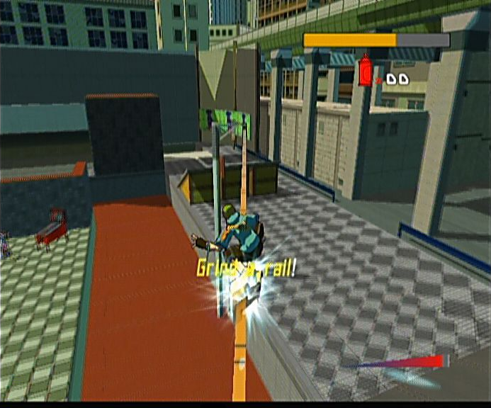Jet Set Radio Future screenshot: cel-shaded, third-person, black outlines, two-tone cel (environment, character, combat)