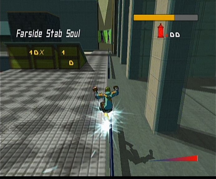 Jet Set Radio Future screenshot: cel-shaded, third-person, black outlines, two-tone cel (environment, character, combat)