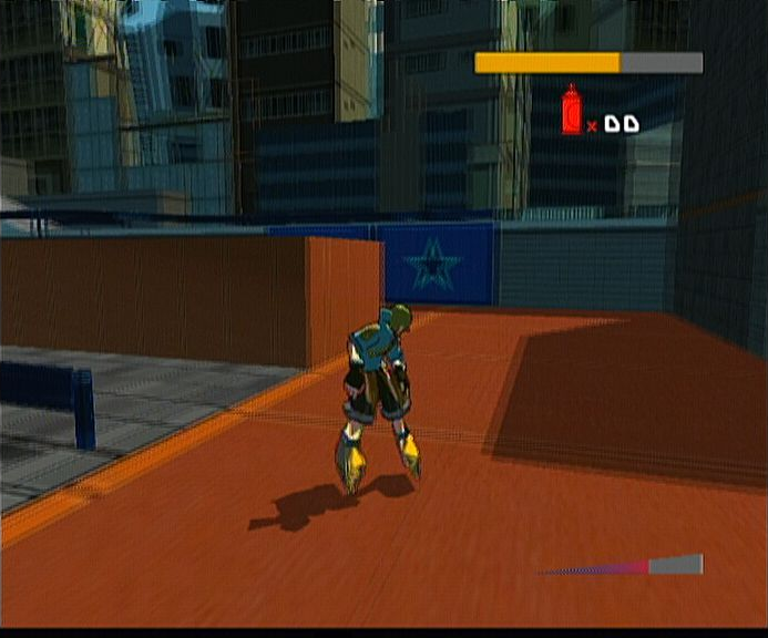 Jet Set Radio Future screenshot: cel-shaded, third-person, black outlines, two-tone cel (environment, character)