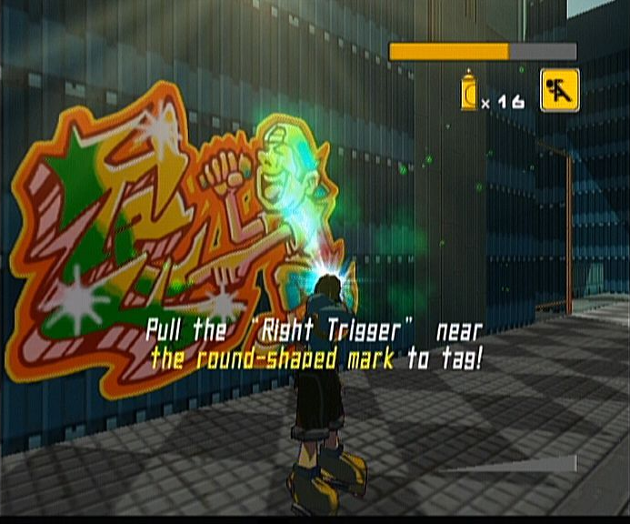 Jet Set Radio Future screenshot: cel-shaded, third-person, black outlines, two-tone cel (environment, character, combat)