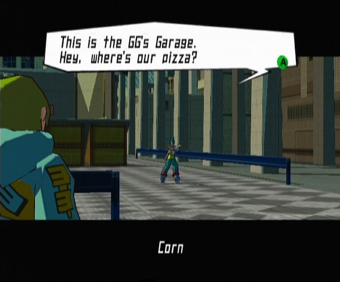 Jet Set Radio Future screenshot: cel-shaded, third-person, black outlines, two-tone cel (environment, character, cutscene)