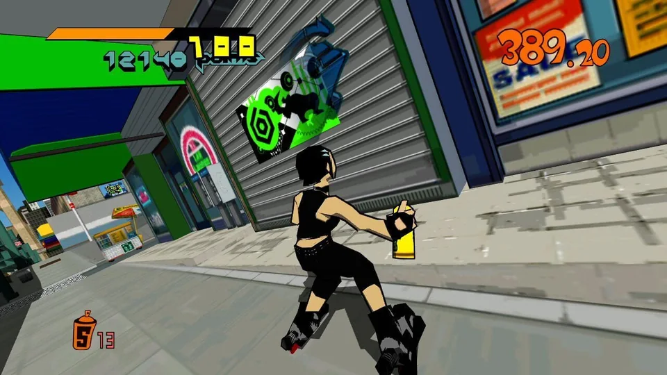 Jet Set Radio (PlayStation 3) screenshot: cel-shaded, third-person, black outlines, two-tone cel (character, combat)