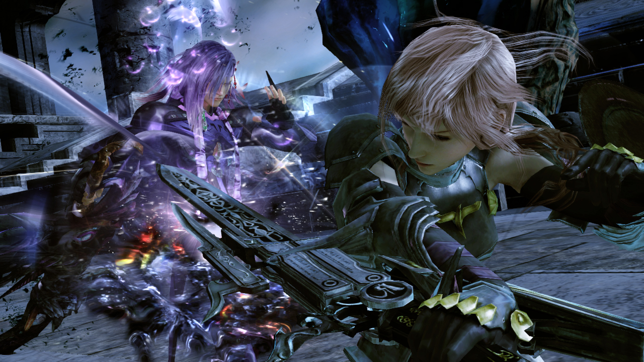 Lightning Returns: Final Fantasy XIII screenshot: realistic, third-person, no outlines, soft gradient (character, combat, cutscene)