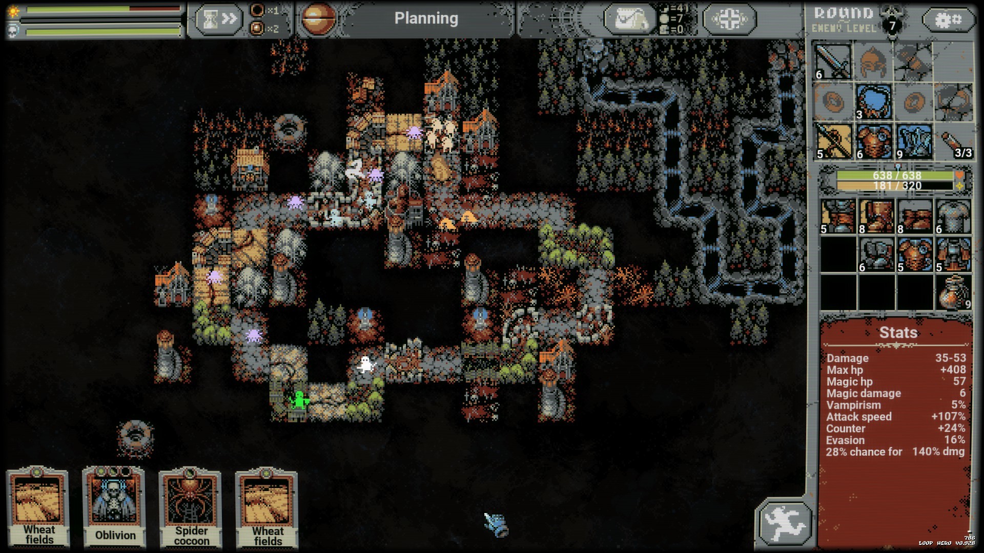 Loop Hero screenshot: pixel art, three-quarter, fixed camera, black outlines, dithered shading (environment)