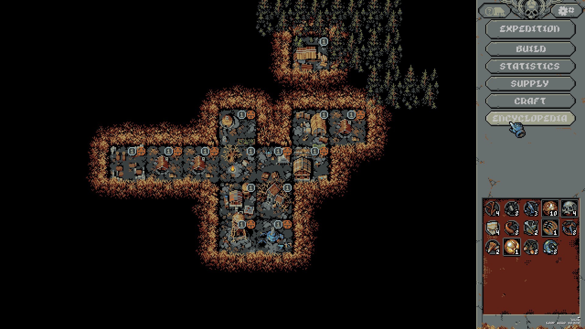 Loop Hero screenshot: pixel art, three-quarter, fixed camera, black outlines, dithered shading (environment)
