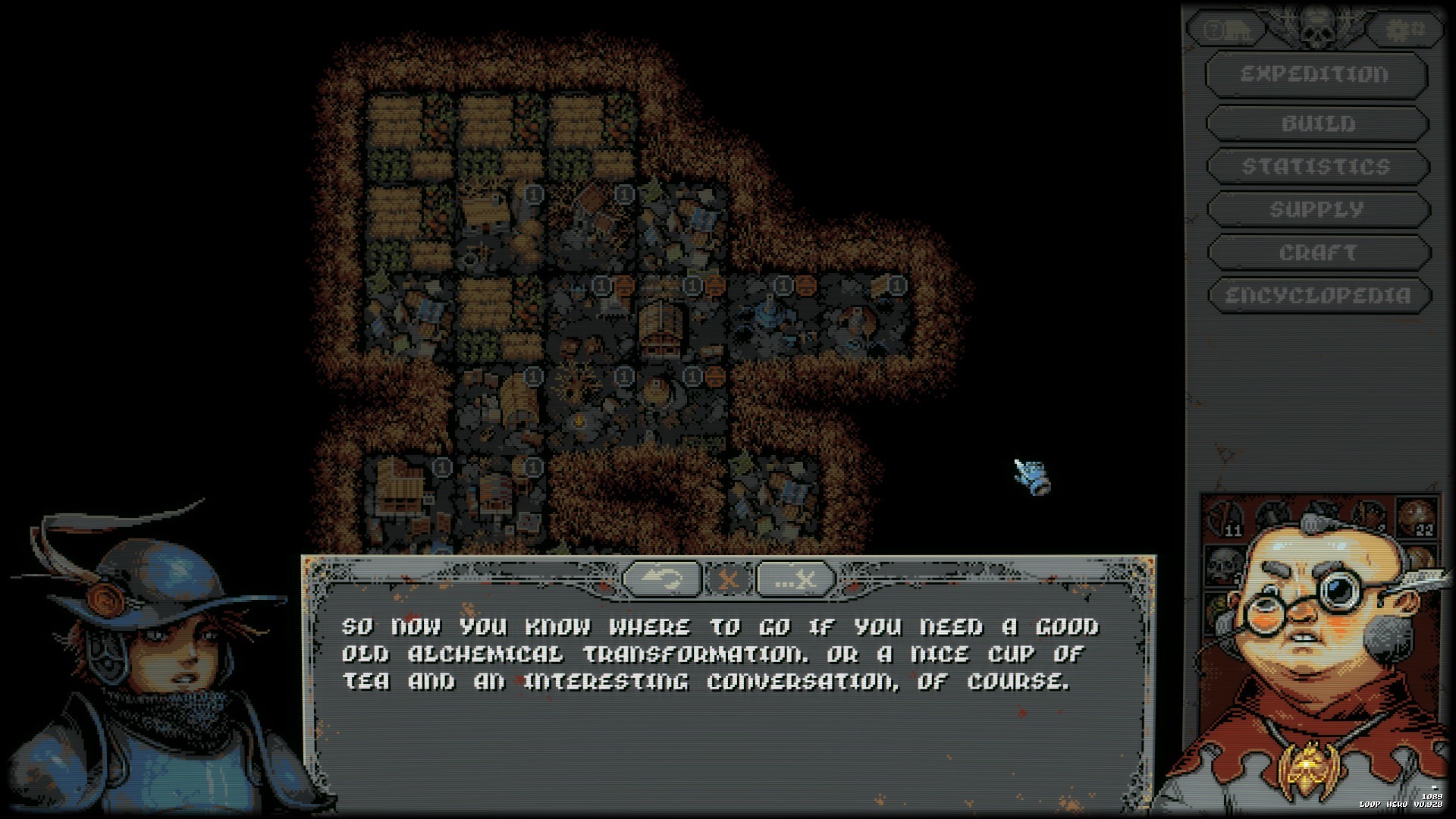 Loop Hero screenshot: pixel art, three-quarter, fixed camera, black outlines, dithered shading (cutscene, character)