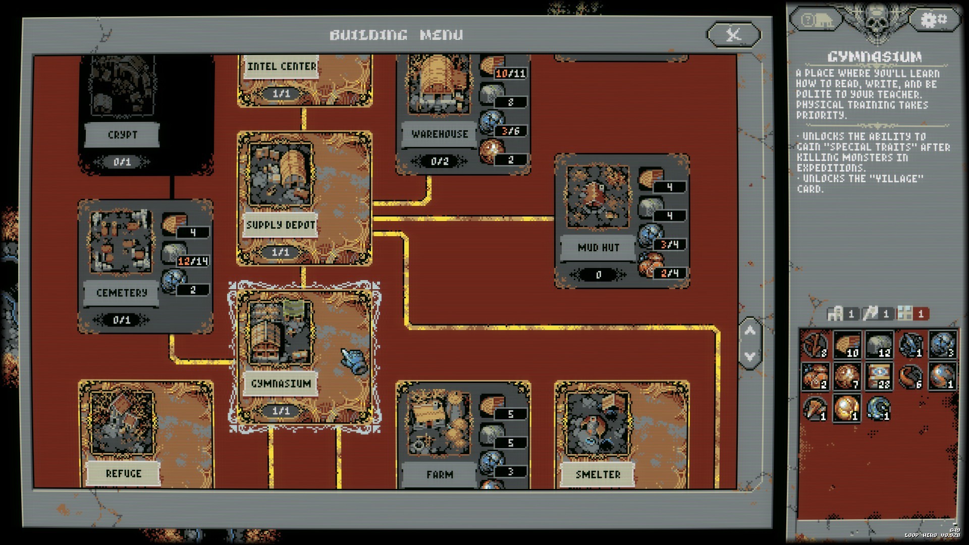 Loop Hero screenshot: pixel art, three-quarter, fixed camera, black outlines, dithered shading (ui / menu)
