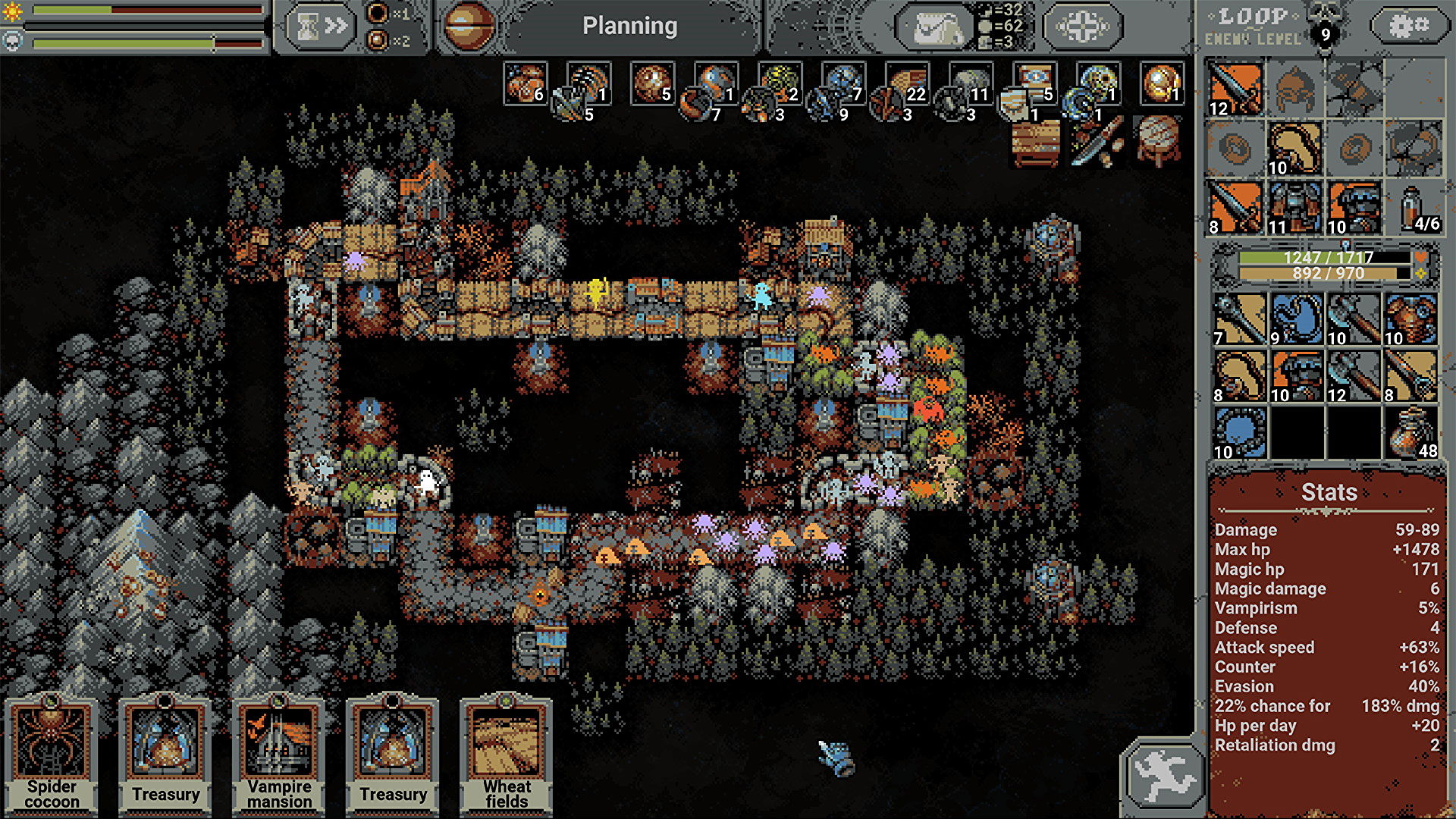 Loop Hero screenshot: pixel art, top-down, fixed camera, black outlines, dithered shading (environment)