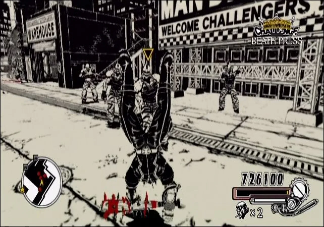 MadWorld screenshot: cel-shaded, third-person, inked lines, two-tone cel (environment)