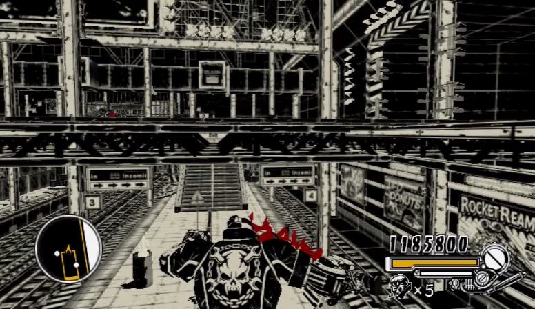 MadWorld screenshot: cel-shaded, third-person, inked lines, two-tone cel (environment, character)