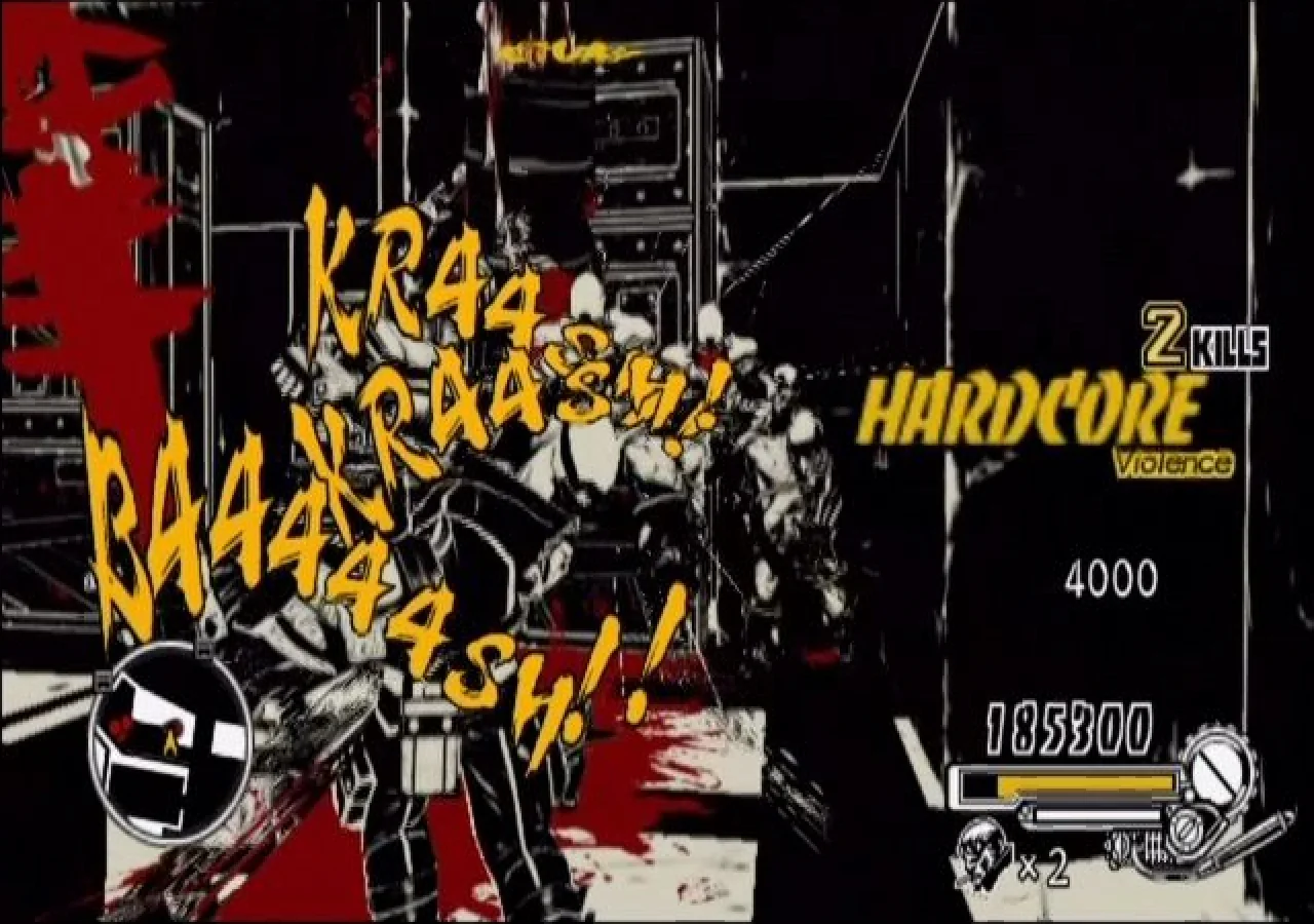 MadWorld screenshot: cel-shaded, third-person, inked lines, two-tone cel (combat)