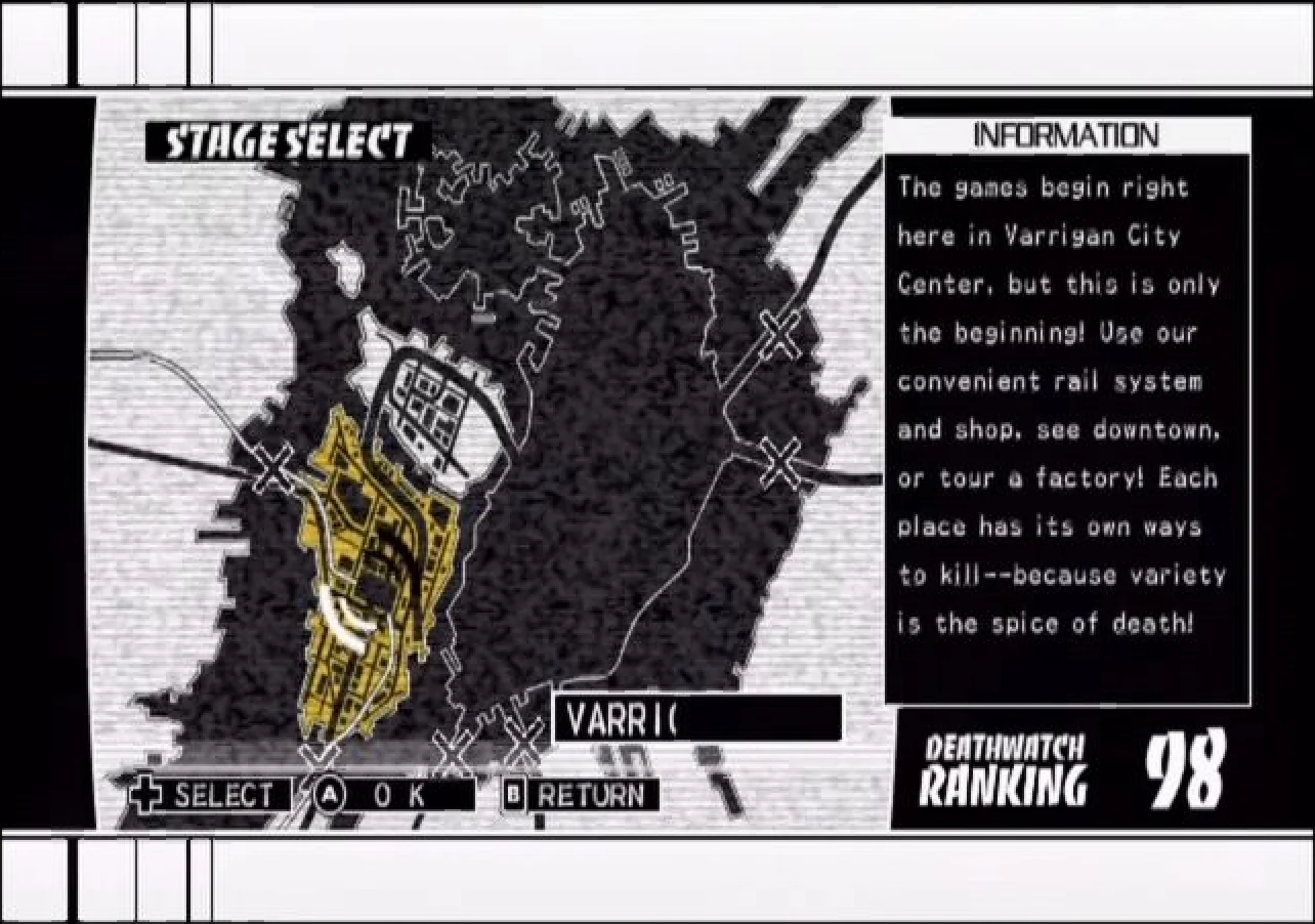 MadWorld screenshot: cel-shaded, third-person, inked lines, two-tone cel (ui / menu)