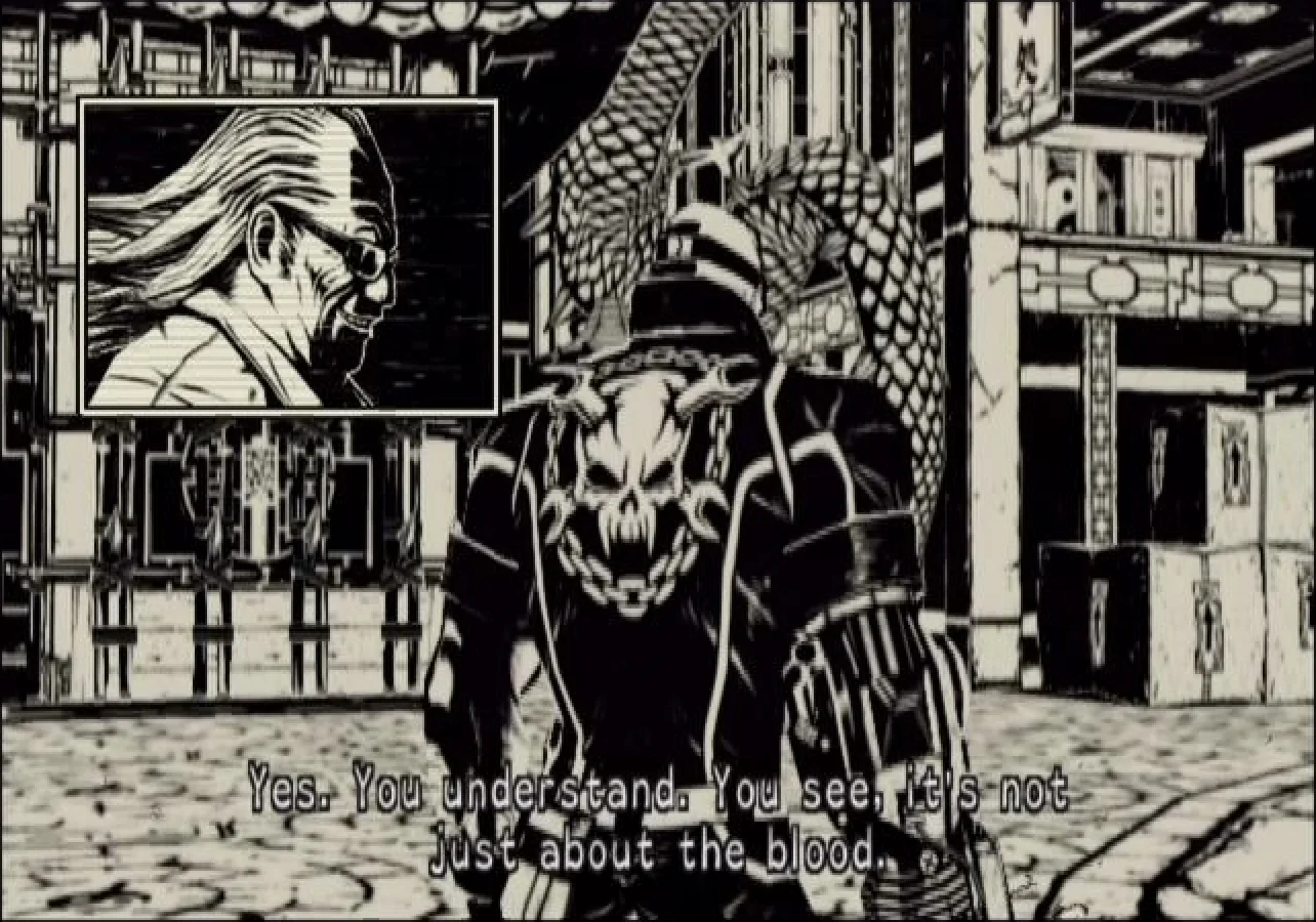 MadWorld screenshot: cel-shaded, third-person, inked lines, two-tone cel (cutscene)