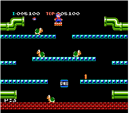 Mario Bros. screenshot: pixel art, side-scrolling, fixed camera, no outlines, flat / unlit (environment, combat)