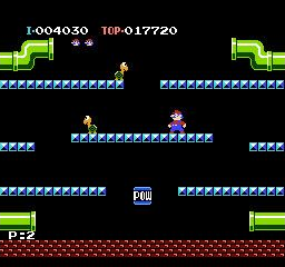 Mario Bros. screenshot: pixel art, side-scrolling, fixed camera, no outlines, flat / unlit (environment, combat)