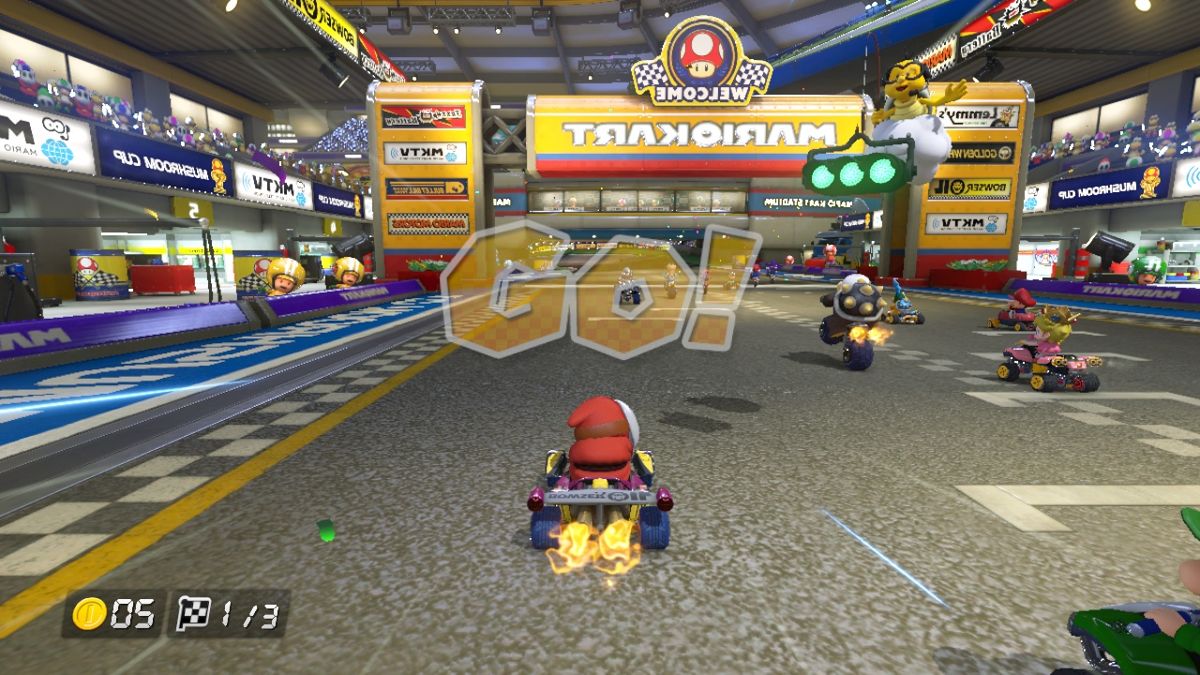 Mario Kart 8 screenshot: stylized 3d, third-person, no outlines, soft gradient (environment, character)