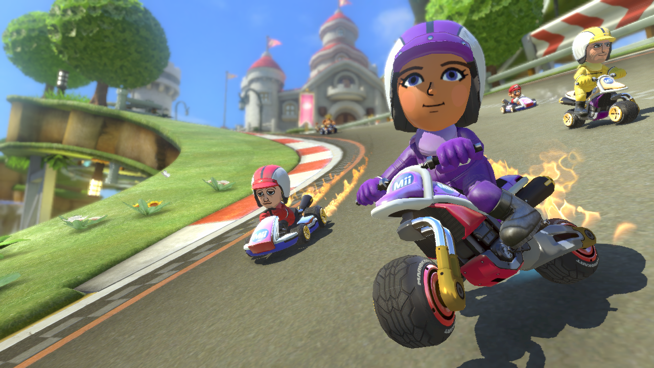 Mario Kart 8 screenshot: stylized 3d, third-person, no outlines, soft gradient (environment, character)