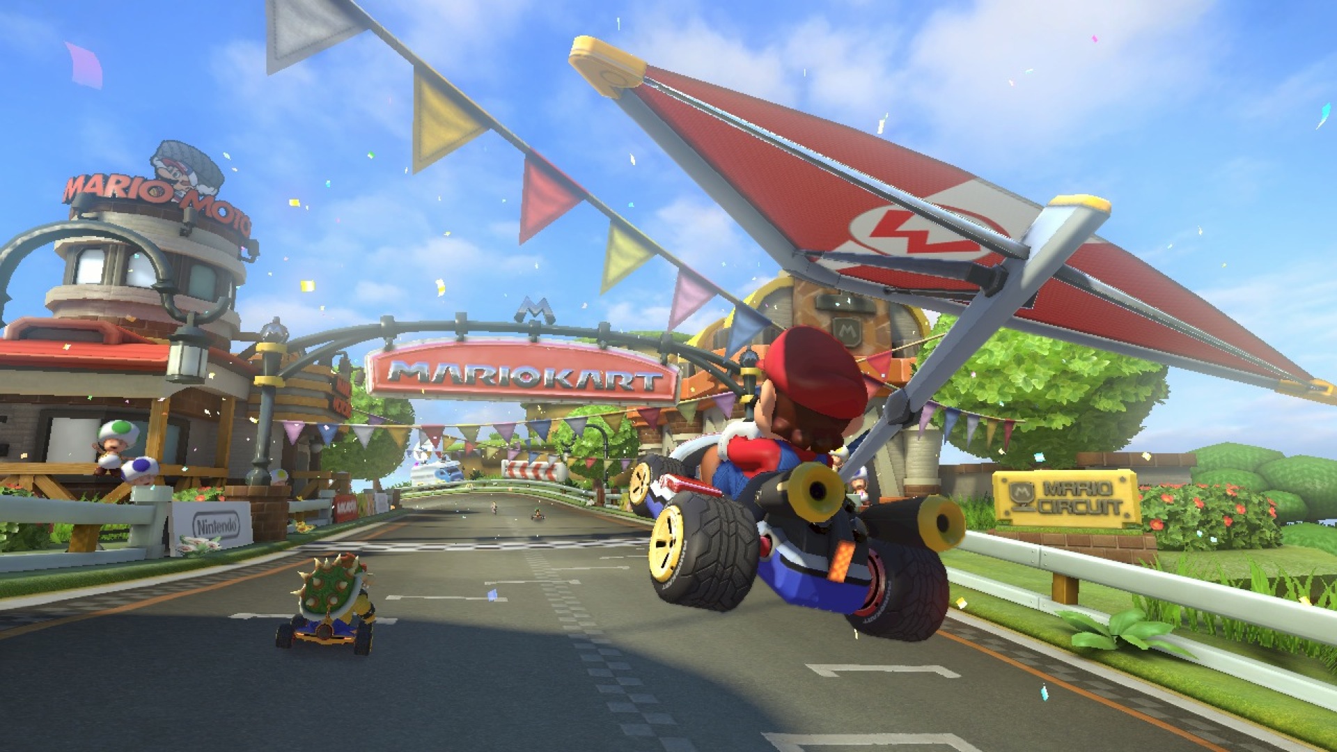 Mario Kart 8 screenshot: stylized 3d, third-person, no outlines, soft gradient (environment, character)