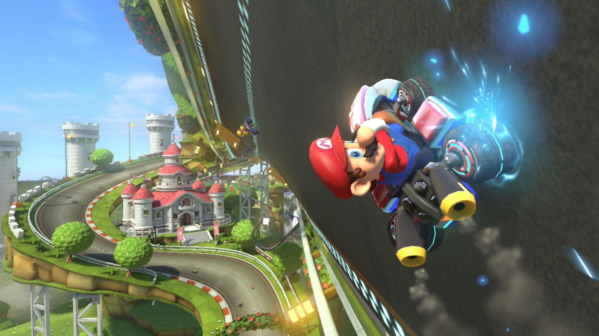 Mario Kart 8 screenshot: stylized 3d, third-person, no outlines, soft gradient (environment, character)