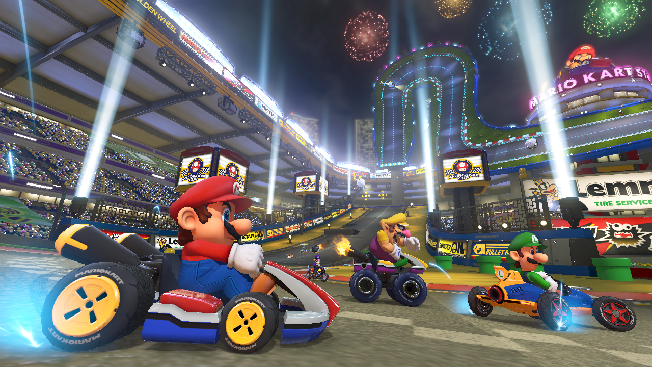 Mario Kart 8 screenshot: stylized 3d, third-person, no outlines, soft gradient (environment, character)