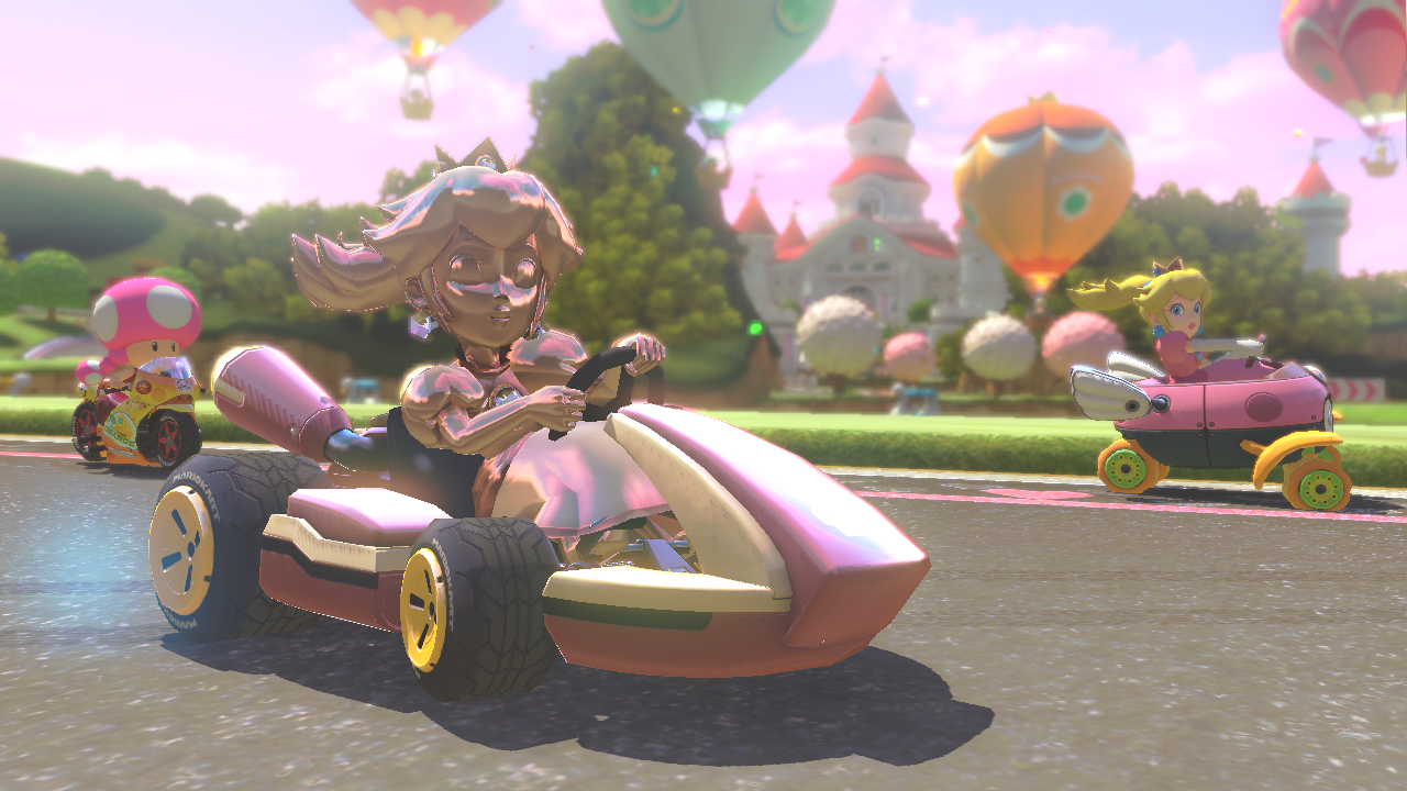 Mario Kart 8 screenshot: stylized 3d, third-person, no outlines, soft gradient (environment, character)