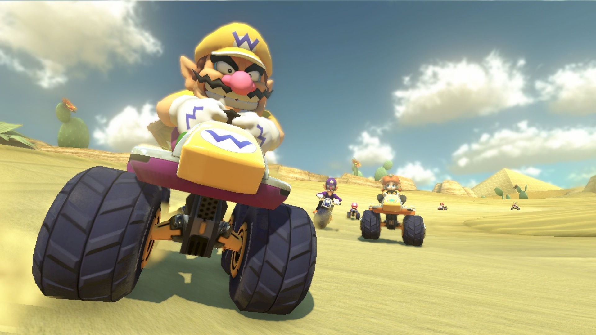 Mario Kart 8 screenshot: stylized 3d, third-person, no outlines, soft gradient (environment, character)
